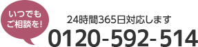 24時間365日いつでも対応します。お電話番号は0120-592-514